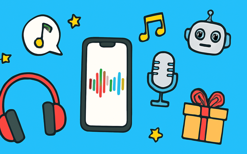 KI Musik Generator Test: Kopfhörer, Smartphone mit Tonspur, Mikrofon und Geschenk als Illustration