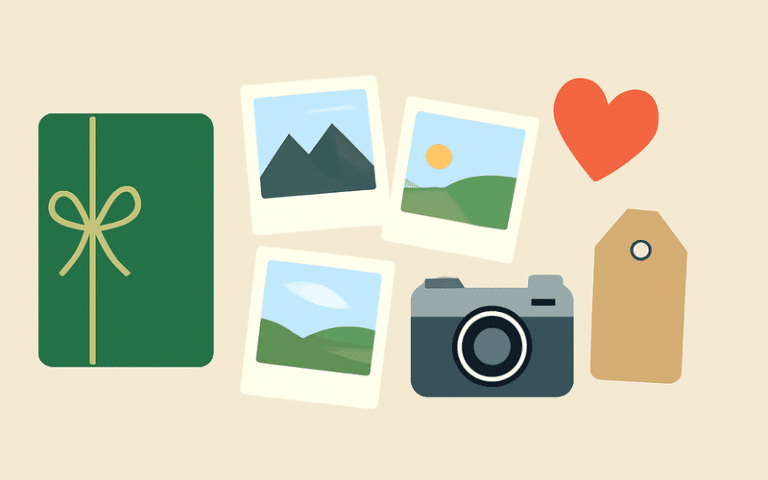 Erinnerungsalben verschenken: Fotoalbum, Polaroids, Kamera und Herz als Illustration