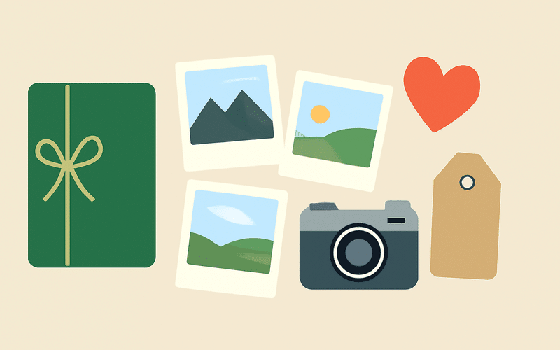 Erinnerungsalben verschenken: Fotoalbum, Polaroids, Kamera und Herz als Illustration