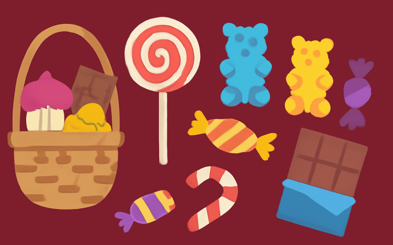 Geschenkkorb für Naschkatzen: Korb, Lolli, Gummibärchen und Schokolade als Illustration