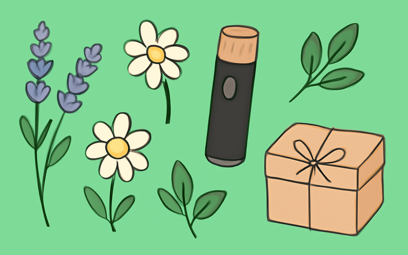 Kräuter-Vaporizer als Geschenk: Lavendel, Kamille, Kräuter und Geschenkbox als Illustration
